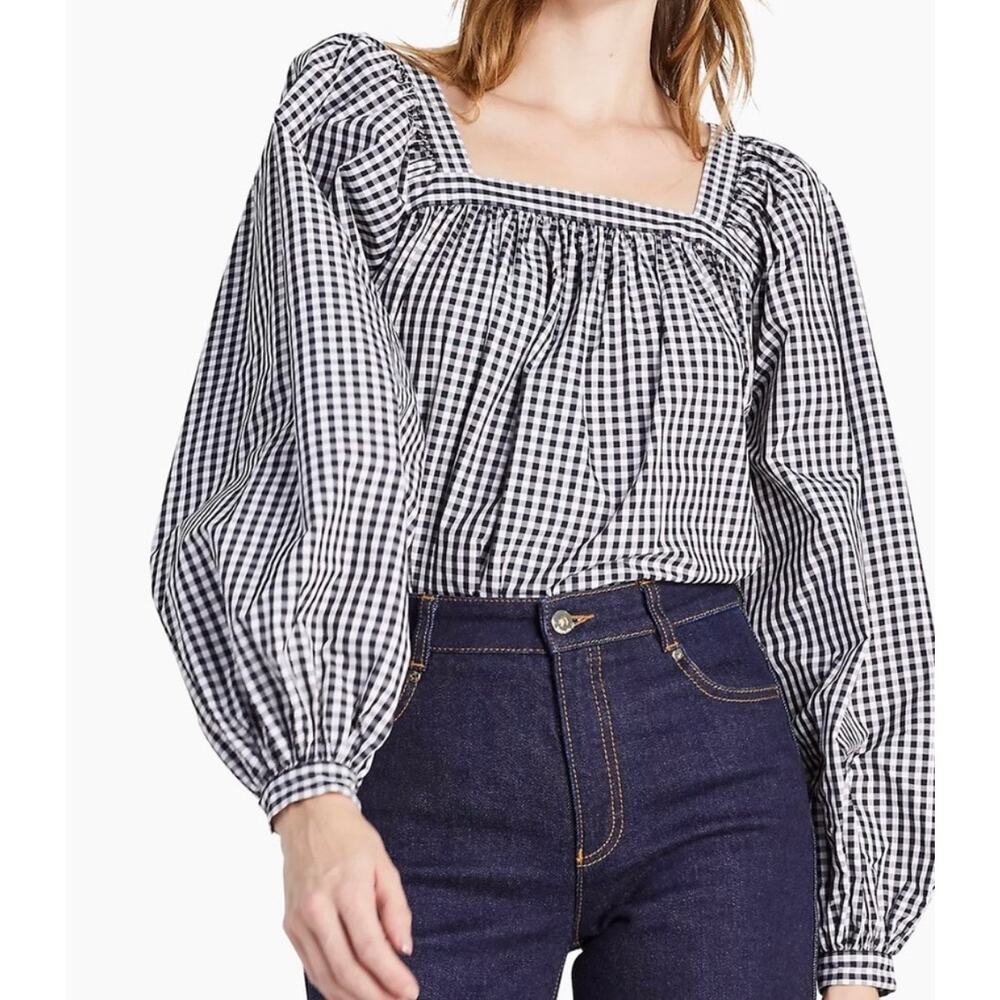 kate spade Black & White Gingham Square-Neck Puff Sleeve Blouse Sz M